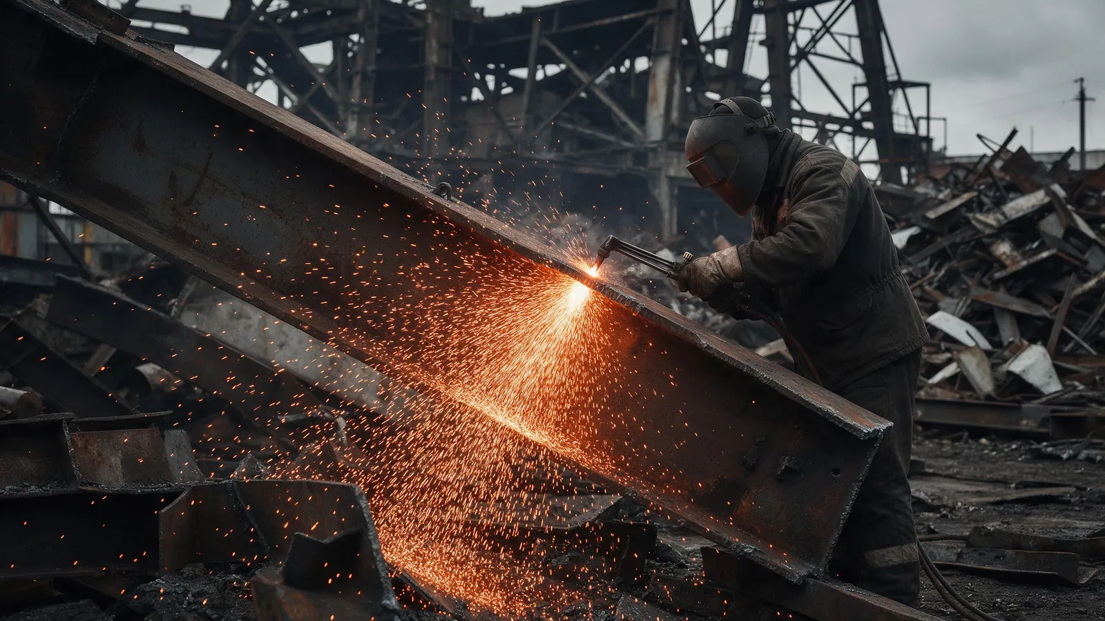 Газорезчик режет металлоконструкцию на объекте