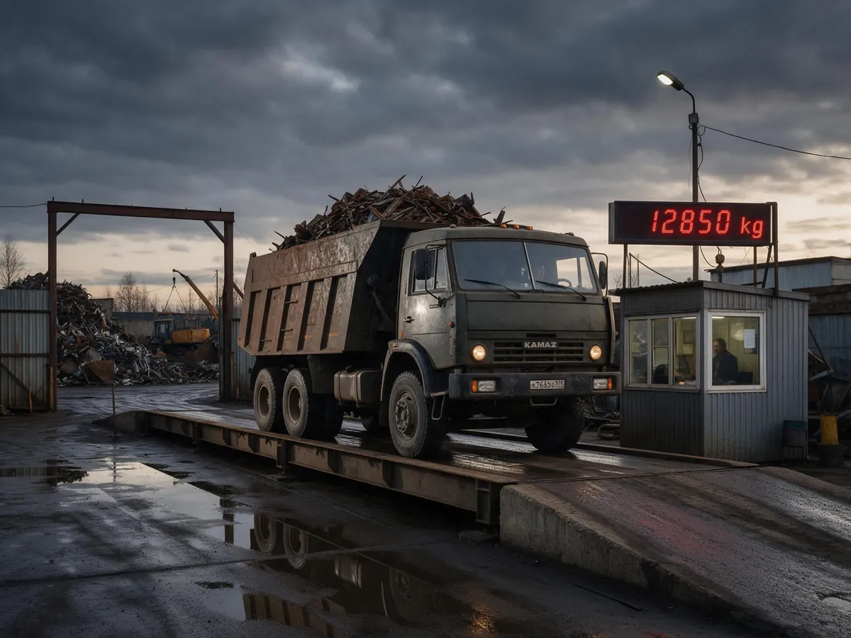 Самосвал с ломом на автомобильных весах